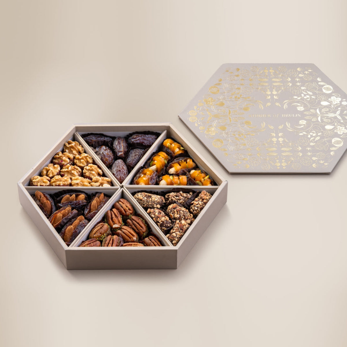 Plain Dates
Dried Mango & Cashew Stuffed Dates 
Almond Date Tamriyas
Pecan & Date Wholes
Mejdool Dates stuffed with mamra almonds
Walnut & Dried Fruit Wholes 