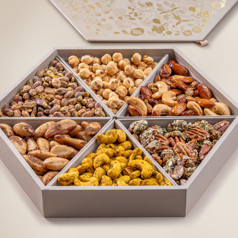 Saffron Pistachios
Spicy Caramel Hazelnuts
Salted Carmel Nut Delice 
Turmeric & Chia Seeds Cashews
Smoked Brazilian Nuts
Praline Pecan 
