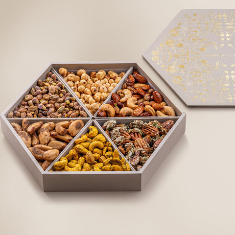 Saffron Pistachios
Spicy Caramel Hazelnuts
Salted Carmel Nut Delice 
Turmeric & Chia Seeds Cashews
Smoked Brazilian Nuts
Praline Pecan 