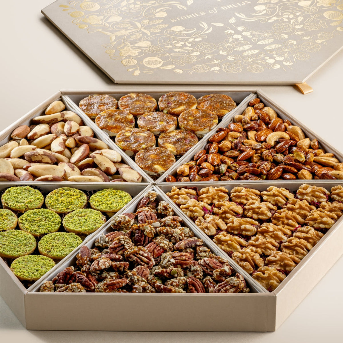 Fig & Nut Bites, Salted Carmel Nut Delice, Walnut & Dried Fruit Wholes, Praline Pecan, Ranginak, Smoked Brazilian Nuts