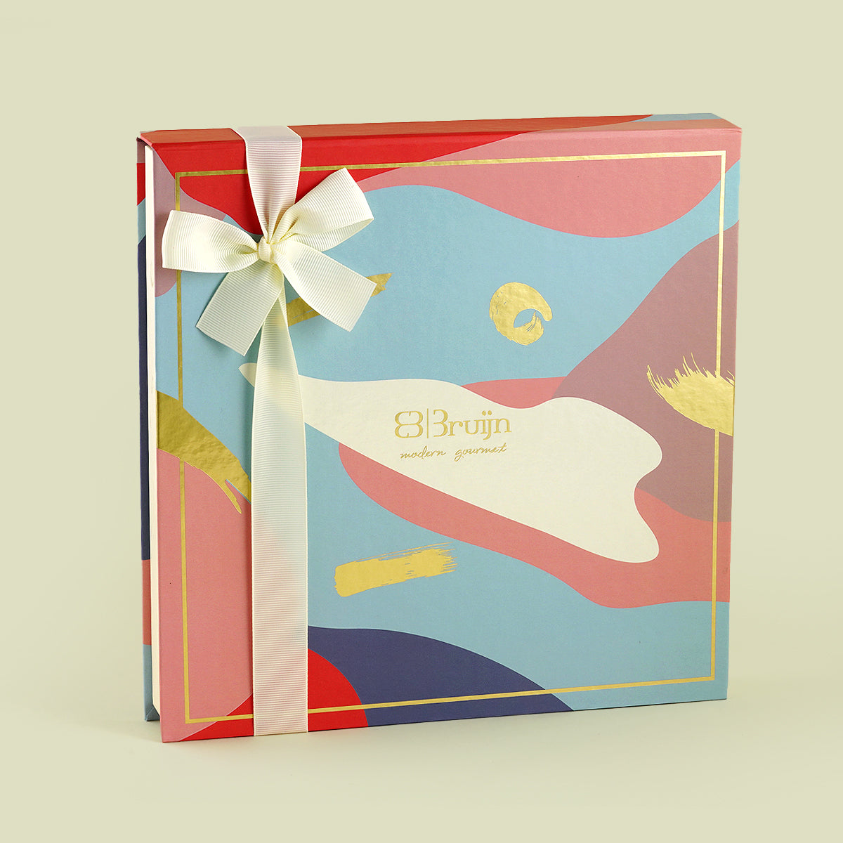 Closed Festive Box in blue design with ribbon, luxury packaging ideal for festive giveaways.